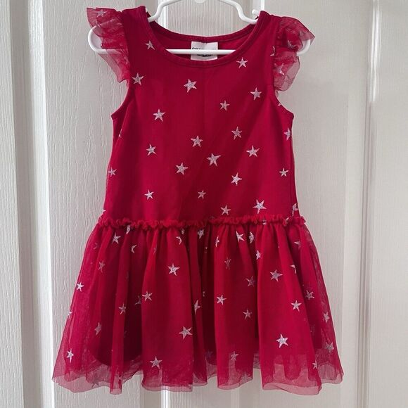 Genuine Kids from Oshkosh Red Ruffle Sleeve Sparkle Star Tulle Dress Girls SZ 3T - Picture 1 of 11